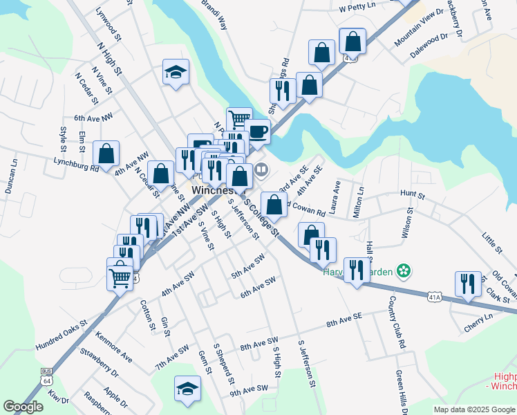 map of restaurants, bars, coffee shops, grocery stores, and more near 202 2nd Avenue Southeast in Winchester