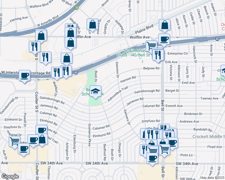 map of restaurants, bars, coffee shops, grocery stores, and more near 6208 Hanson Rd in Amarillo