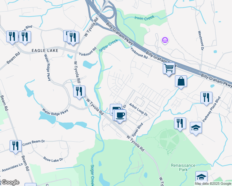 map of restaurants, bars, coffee shops, grocery stores, and more near 2539 Arbor Loop Drive in Charlotte