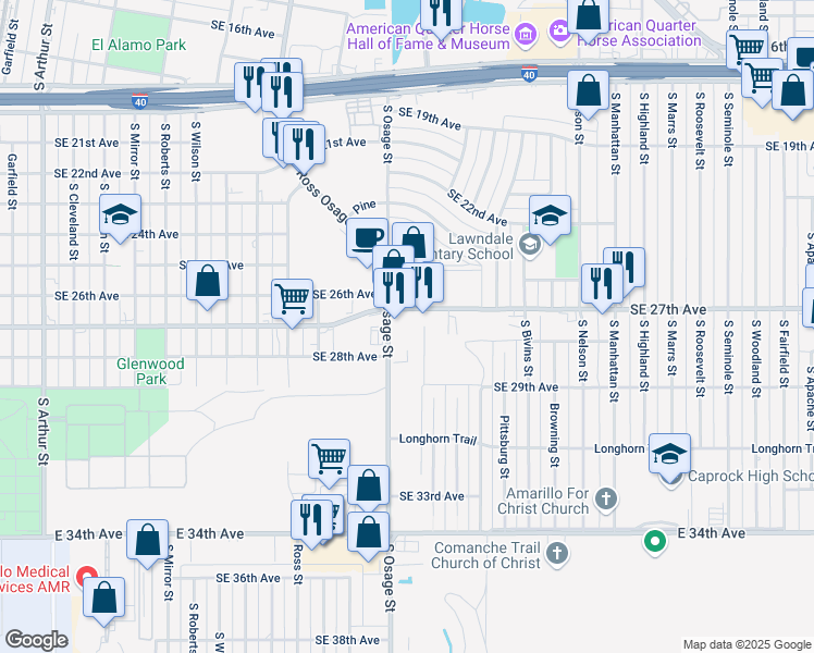 map of restaurants, bars, coffee shops, grocery stores, and more near 2701 South Osage Street in Amarillo