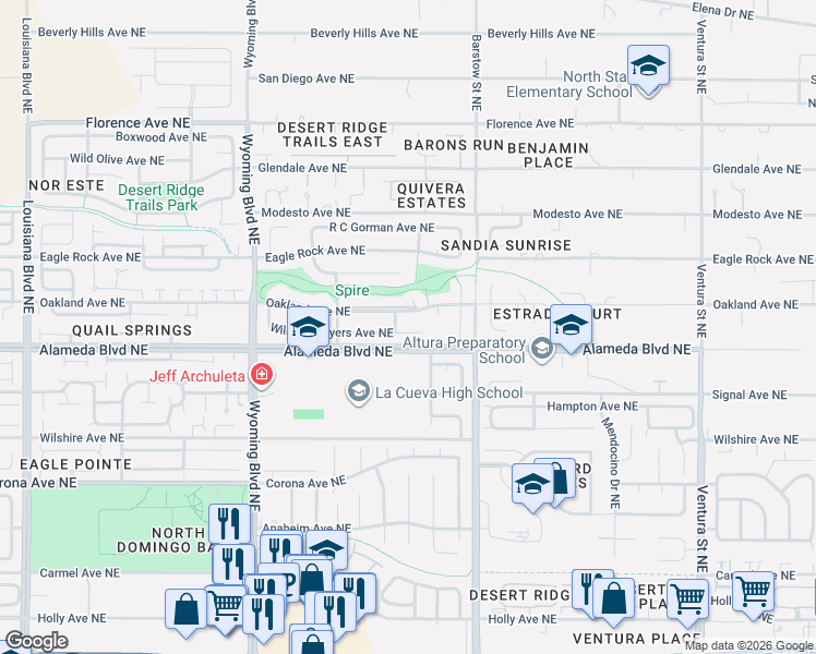 map of restaurants, bars, coffee shops, grocery stores, and more near 8108 Oakland Avenue Northeast in Albuquerque
