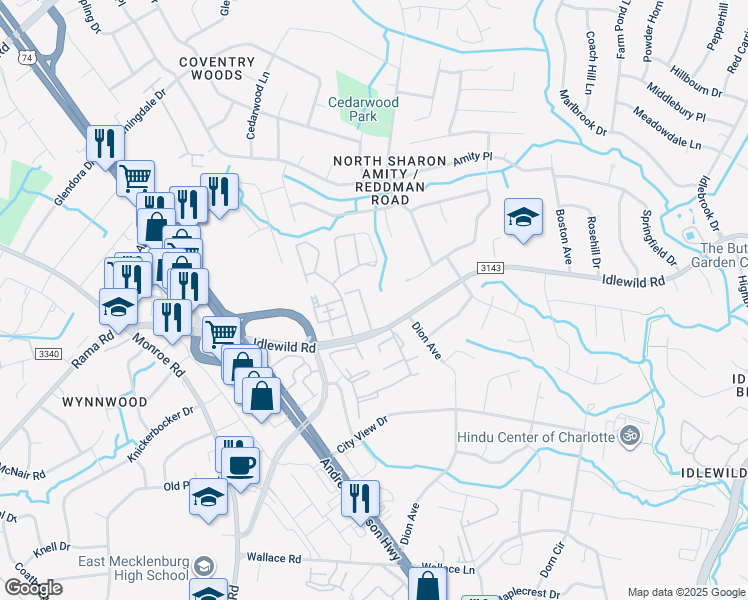 map of restaurants, bars, coffee shops, grocery stores, and more near in Charlotte