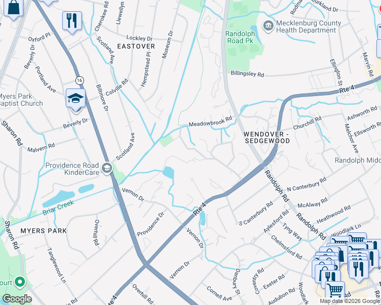 map of restaurants, bars, coffee shops, grocery stores, and more near in Charlotte