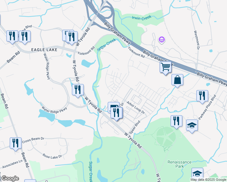 map of restaurants, bars, coffee shops, grocery stores, and more near 2539 Arbor Loop Drive in Charlotte