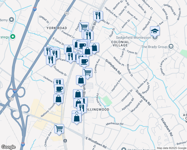 map of restaurants, bars, coffee shops, grocery stores, and more near 3936 Conway Avenue in Charlotte