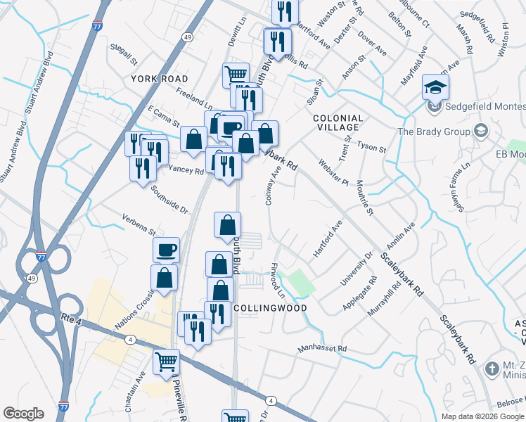 map of restaurants, bars, coffee shops, grocery stores, and more near 3924 Conway Avenue in Charlotte