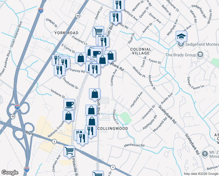 map of restaurants, bars, coffee shops, grocery stores, and more near 3936 Conway Avenue in Charlotte
