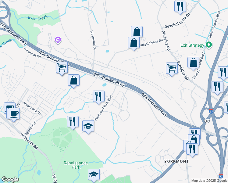 map of restaurants, bars, coffee shops, grocery stores, and more near 4838 Parkway Plaza Boulevard in Charlotte