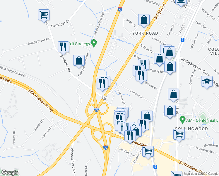 map of restaurants, bars, coffee shops, grocery stores, and more near 4444 South Tryon Street in Charlotte