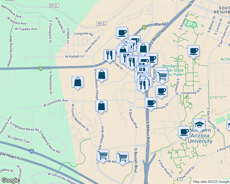 map of restaurants, bars, coffee shops, grocery stores, and more near 908 West University Avenue in Flagstaff