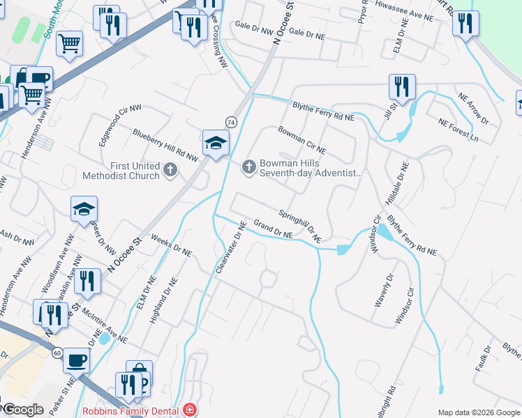 map of restaurants, bars, coffee shops, grocery stores, and more near 413 Springhill Drive Northeast in Cleveland