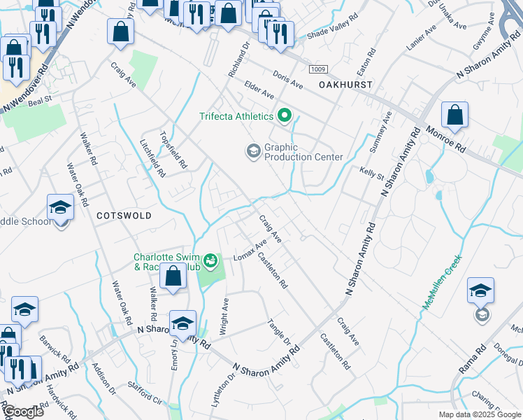 map of restaurants, bars, coffee shops, grocery stores, and more near 4101 Craig Avenue in Charlotte