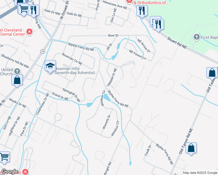 map of restaurants, bars, coffee shops, grocery stores, and more near 705 Blythe Ferry Road Northeast in Cleveland