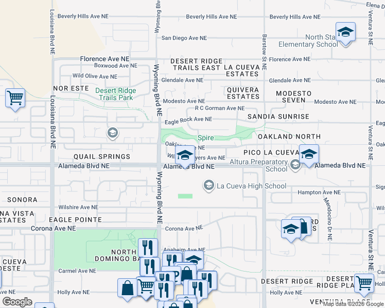 map of restaurants, bars, coffee shops, grocery stores, and more near 7720 Oakland Avenue Northeast in Albuquerque