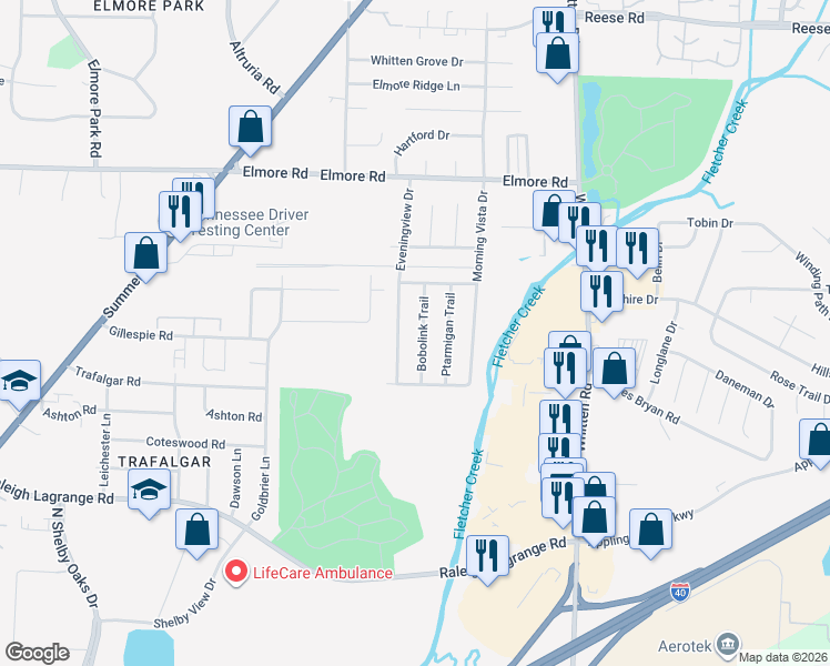 map of restaurants, bars, coffee shops, grocery stores, and more near 2203 Bobolink Trail in Memphis