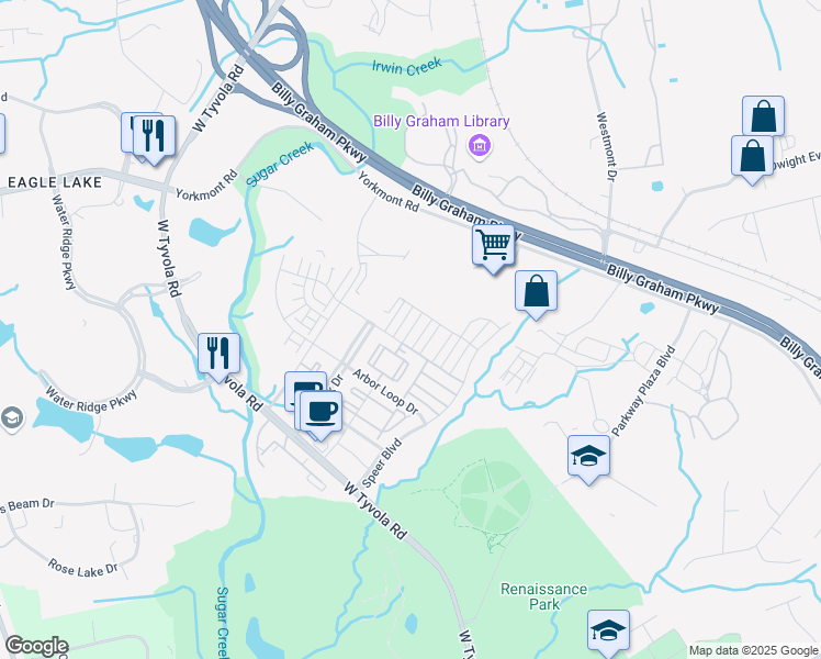 map of restaurants, bars, coffee shops, grocery stores, and more near Potomac River Parkway in Charlotte