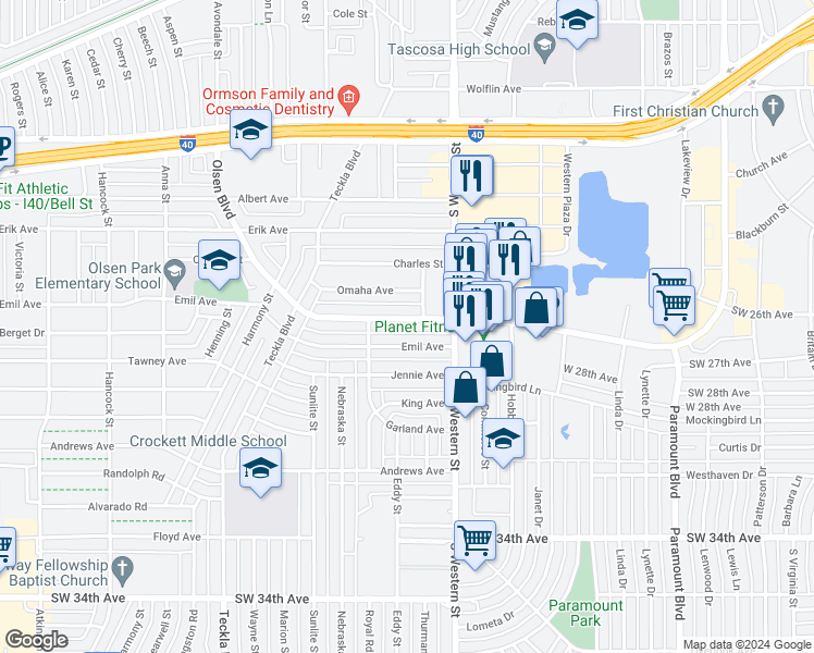 map of restaurants, bars, coffee shops, grocery stores, and more near 4305 Olsen Boulevard in Amarillo