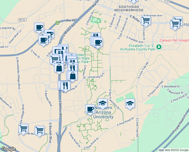 map of restaurants, bars, coffee shops, grocery stores, and more near 8 University Drive East in Flagstaff