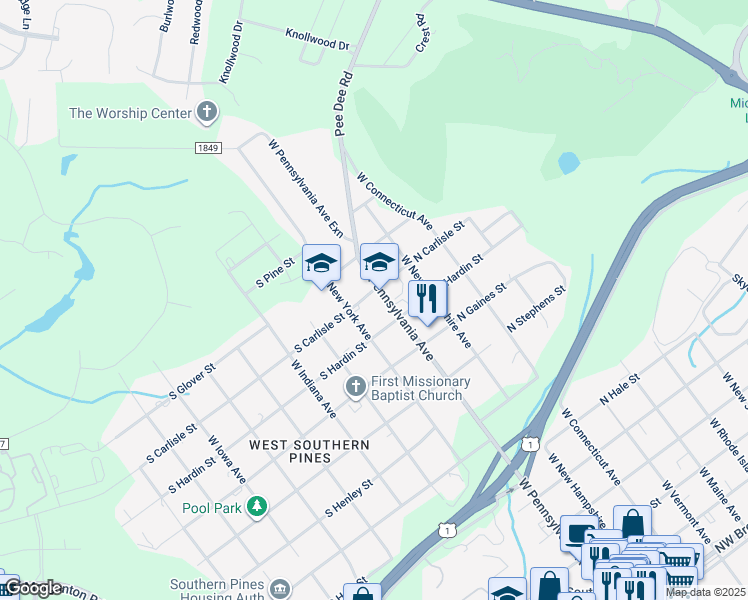 map of restaurants, bars, coffee shops, grocery stores, and more near 151 South Carlisle Street in Southern Pines