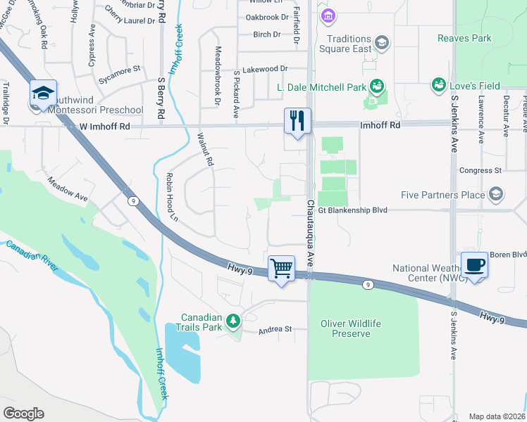 map of restaurants, bars, coffee shops, grocery stores, and more near 3325 Walnut Road in Norman