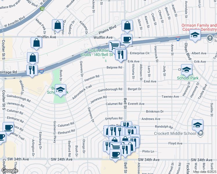 map of restaurants, bars, coffee shops, grocery stores, and more near 6018 Gainsborough Drive in Amarillo