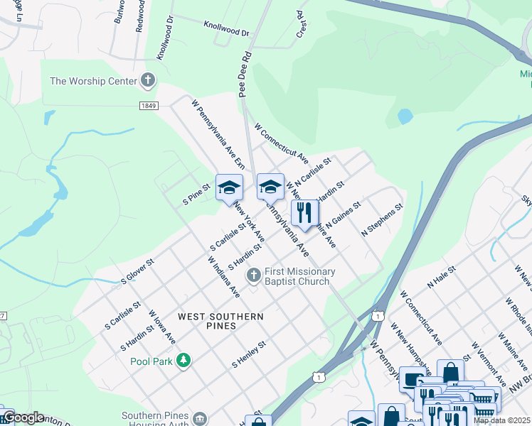 map of restaurants, bars, coffee shops, grocery stores, and more near 151 South Carlisle Street in Southern Pines