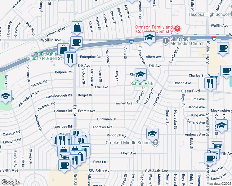 map of restaurants, bars, coffee shops, grocery stores, and more near 5309 Emil Ave in Amarillo