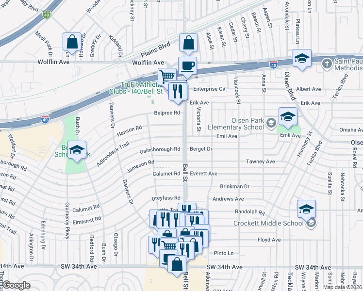 map of restaurants, bars, coffee shops, grocery stores, and more near 6001 Adirondack Trail in Amarillo