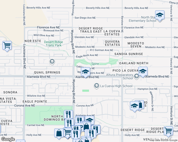 map of restaurants, bars, coffee shops, grocery stores, and more near 7720 Oakland Avenue Northeast in Albuquerque