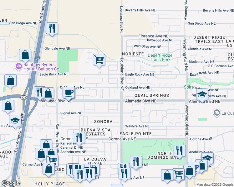map of restaurants, bars, coffee shops, grocery stores, and more near 8819 Dancing Eagle Court Northeast in Albuquerque