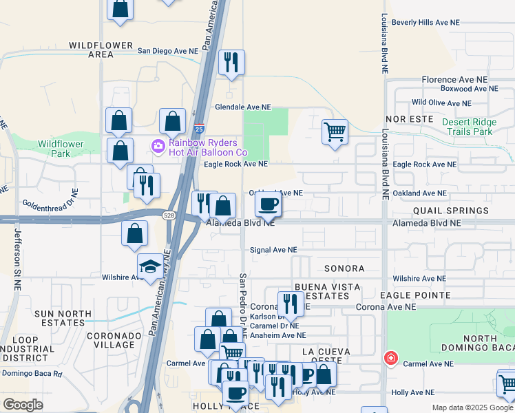 map of restaurants, bars, coffee shops, grocery stores, and more near 99999 Oakland Avenue Northeast in Albuquerque