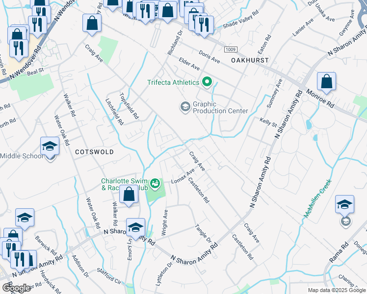 map of restaurants, bars, coffee shops, grocery stores, and more near 4101 Craig Avenue in Charlotte