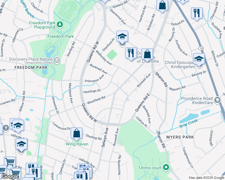 map of restaurants, bars, coffee shops, grocery stores, and more near 2126 Hastings Drive in Charlotte