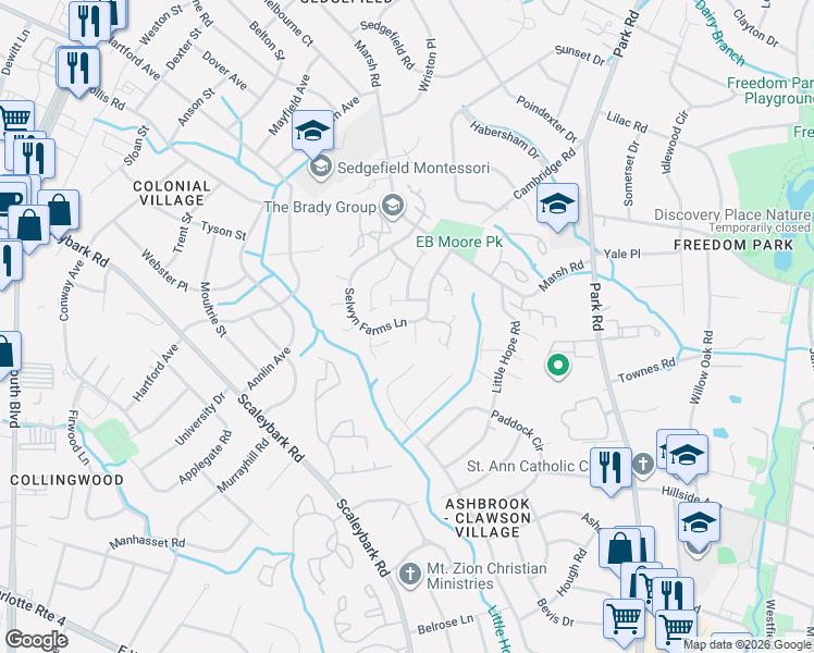 map of restaurants, bars, coffee shops, grocery stores, and more near 3613 Selwyn Farms Lane in Charlotte