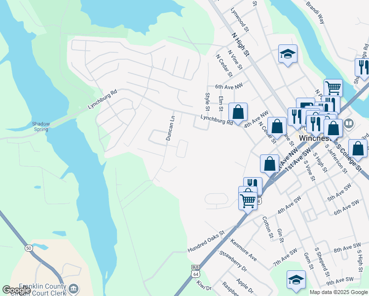 map of restaurants, bars, coffee shops, grocery stores, and more near 227 Briar Circle in Winchester