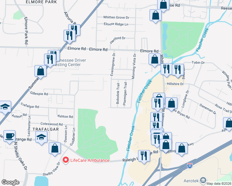map of restaurants, bars, coffee shops, grocery stores, and more near 2203 Bobolink Trail in Memphis