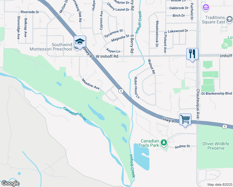 map of restaurants, bars, coffee shops, grocery stores, and more near 3203 Conestoga Drive in Norman
