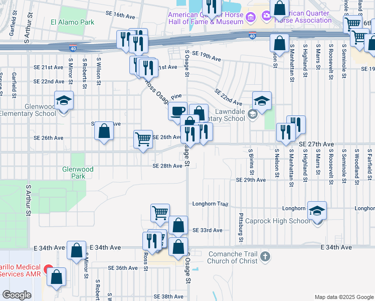 map of restaurants, bars, coffee shops, grocery stores, and more near 2701 South Osage Street in Amarillo