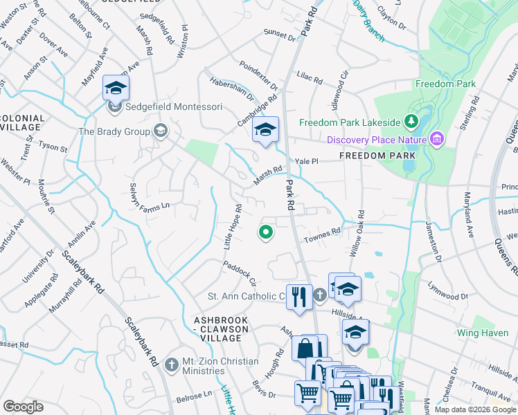 map of restaurants, bars, coffee shops, grocery stores, and more near 3416 Steven Lorimer Lane in Charlotte