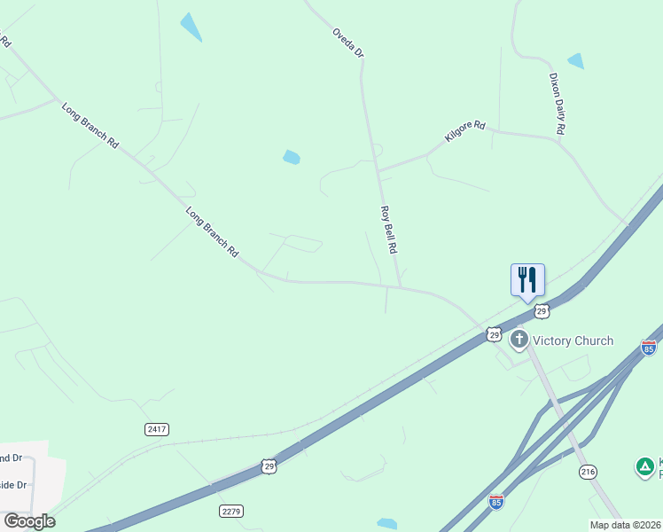 map of restaurants, bars, coffee shops, grocery stores, and more near 1573 Long Branch Road in Grover