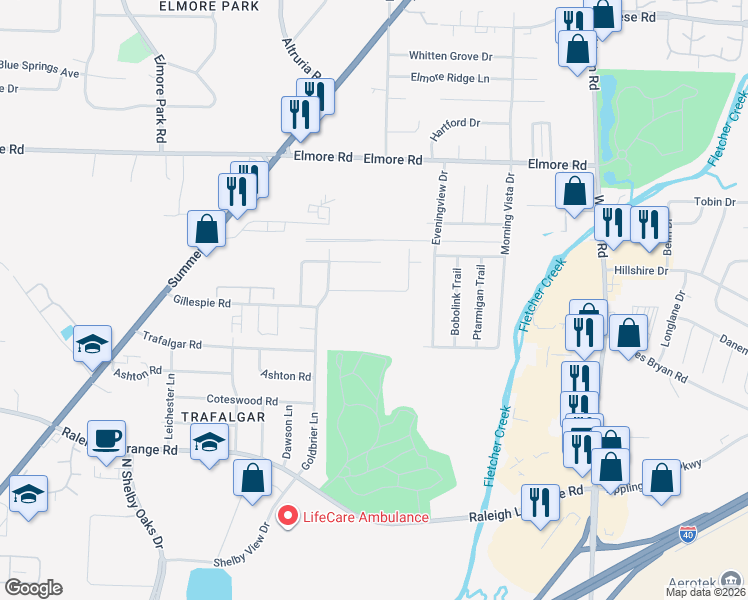 map of restaurants, bars, coffee shops, grocery stores, and more near 6527 Birkenhead Road in Memphis