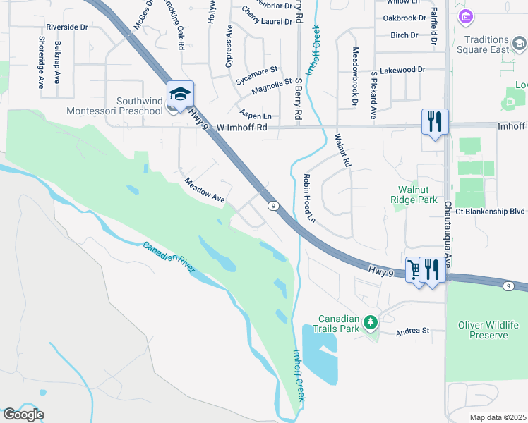 map of restaurants, bars, coffee shops, grocery stores, and more near 3203 Conestoga Drive in Norman