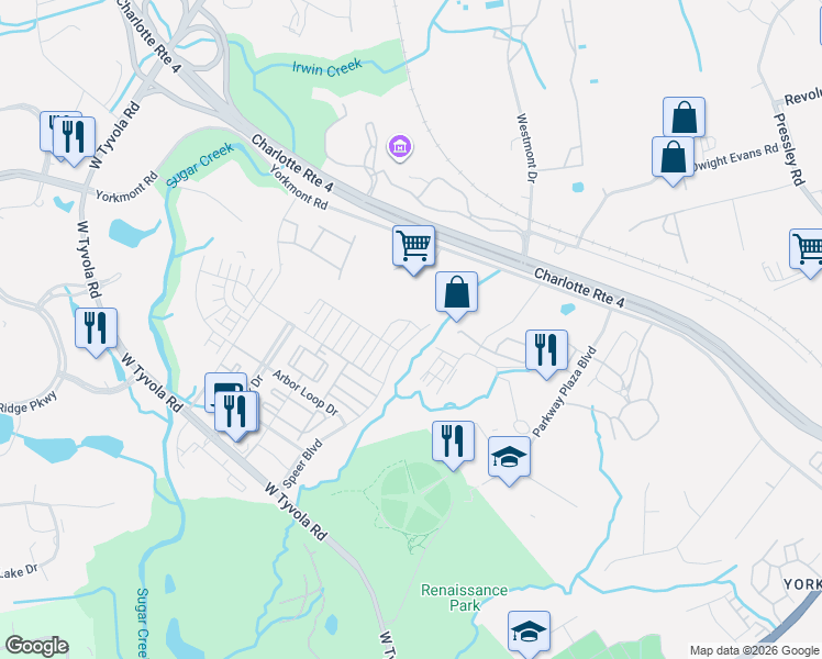 map of restaurants, bars, coffee shops, grocery stores, and more near 4014 Audubon Park Dr in Charlotte