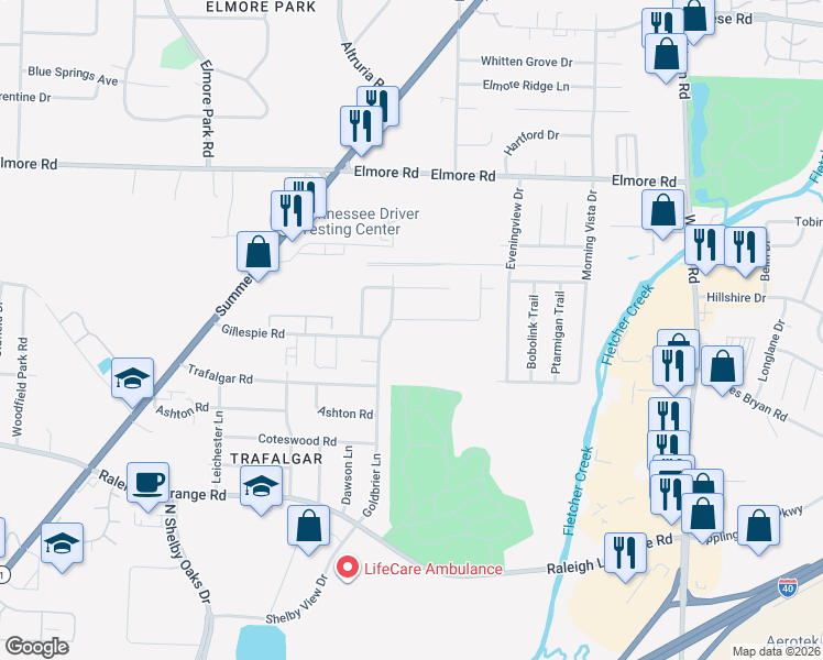map of restaurants, bars, coffee shops, grocery stores, and more near 6483 Birkenhead Road in Memphis