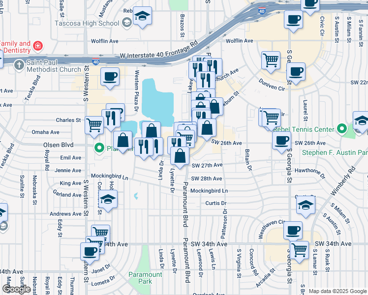 map of restaurants, bars, coffee shops, grocery stores, and more near 2626 Paramount Boulevard in Amarillo
