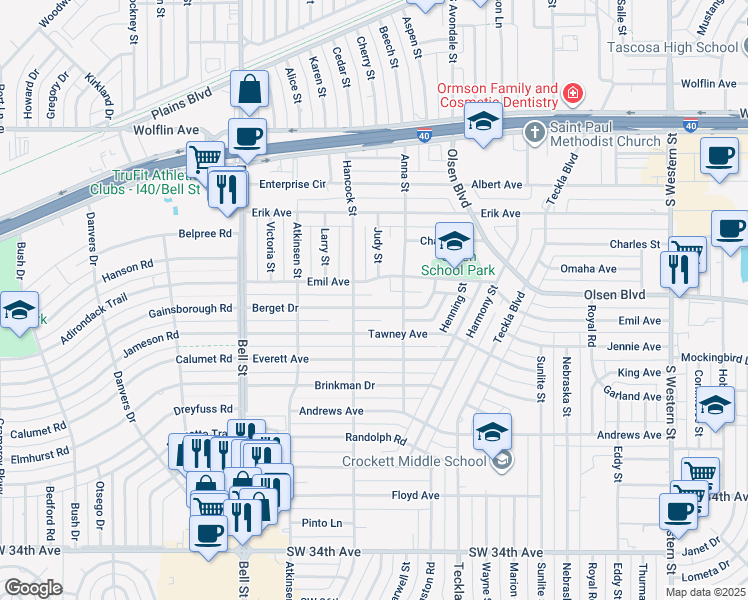 map of restaurants, bars, coffee shops, grocery stores, and more near 5309 Emil Ave in Amarillo