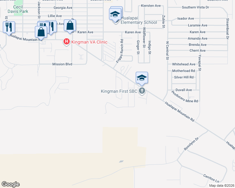 map of restaurants, bars, coffee shops, grocery stores, and more near 2164 Ranch Road in Kingman