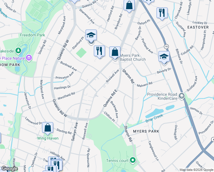 map of restaurants, bars, coffee shops, grocery stores, and more near 2115 Roswell Avenue in Charlotte