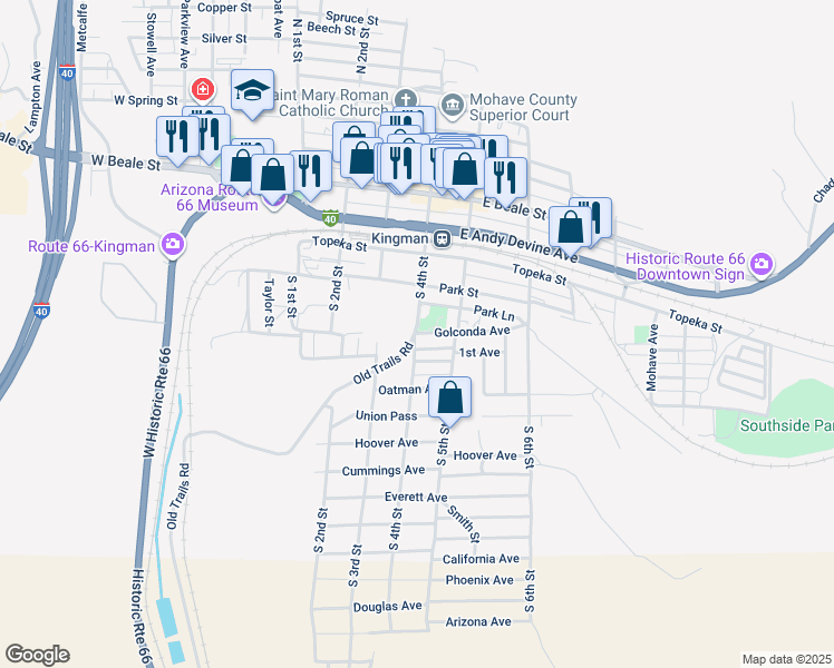 map of restaurants, bars, coffee shops, grocery stores, and more near S 4th St & Golconda Ave in Kingman