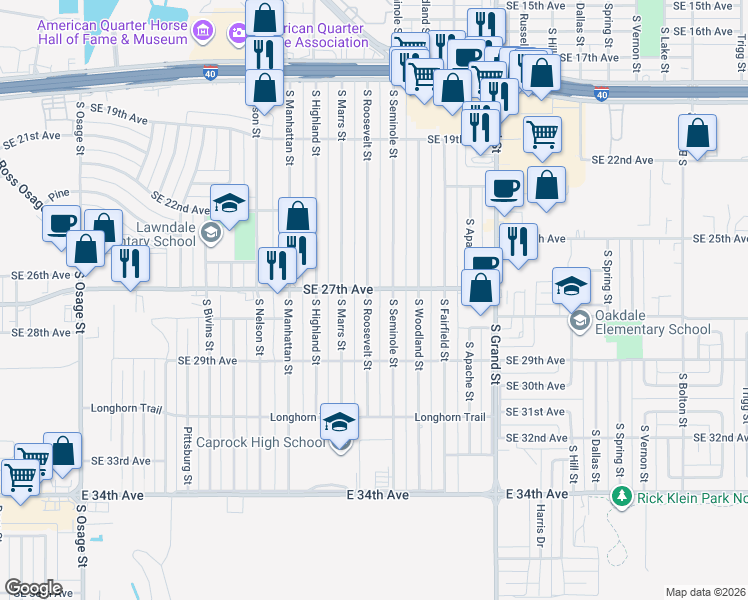 map of restaurants, bars, coffee shops, grocery stores, and more near 2703 South Roosevelt Street in Amarillo